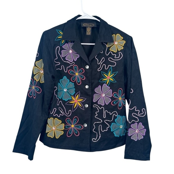 Alex Kim Jackets & Blazers - Vintage INDIGO MOON Women's L Black Embroidered Bohemian Jacket Floral Small